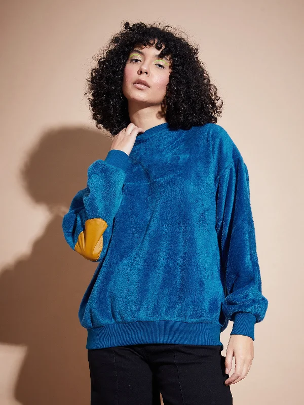 Women Blue Elbow Patch Fur Round Neck Sweatshirt Hoodie with Stripes Bold Sporty Hoodie with Stripes Bold Sporty Women Blue Elbow Patch Fur Round Neck Sweatshirt Hoodie with Stripes Bold Sporty Hoodie with Stripes Bold Sporty