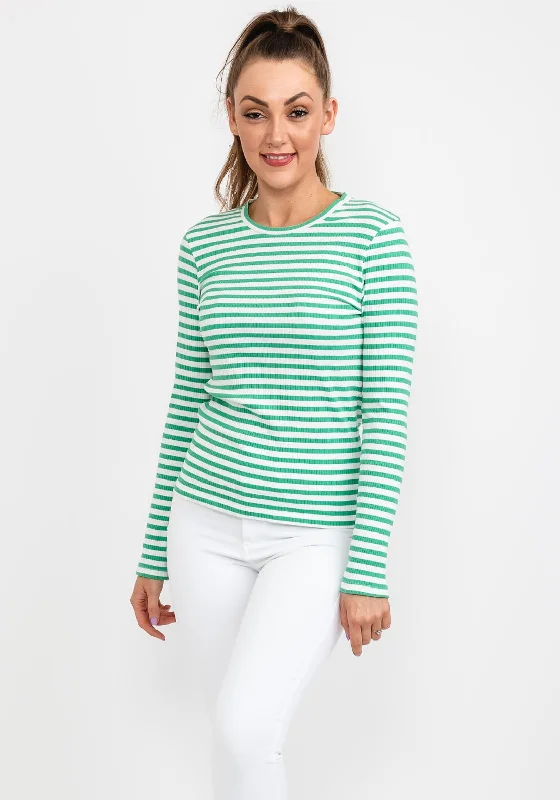 b.young Long Sleeve Stripe Knit Top, Green Bamboo Knit Shirt