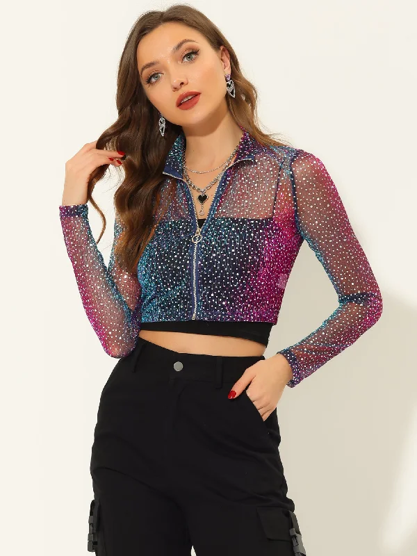 Christmas Sheer Top Glitter Stand Collar Zip Up Cropped Jacket Chenille Fabric Brocade Fabric Lace Fabric Chenille Fabric Brocade Fabric Lace Fabric