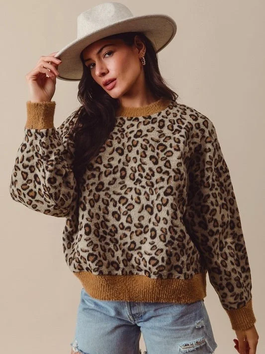 Fuzzy Leopard Knit Top Animal Print Knit Blouse