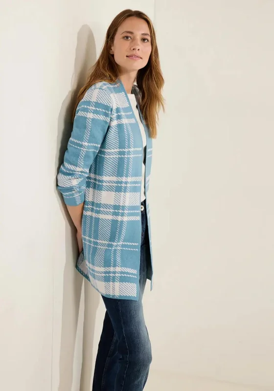 Cecil Checked Open Knit Long Cardigan, Adriatic Blue. Polka Dot Checkered Tartan Polka Dot Checkered Tartan