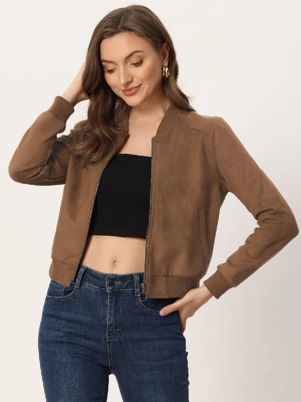 Faux Suede Crop Stand Collar Zip Up Biker Moto Bomber Jackets Zippered Front Buttoned Front Snap Front Zippered Front Buttoned Front Snap Front