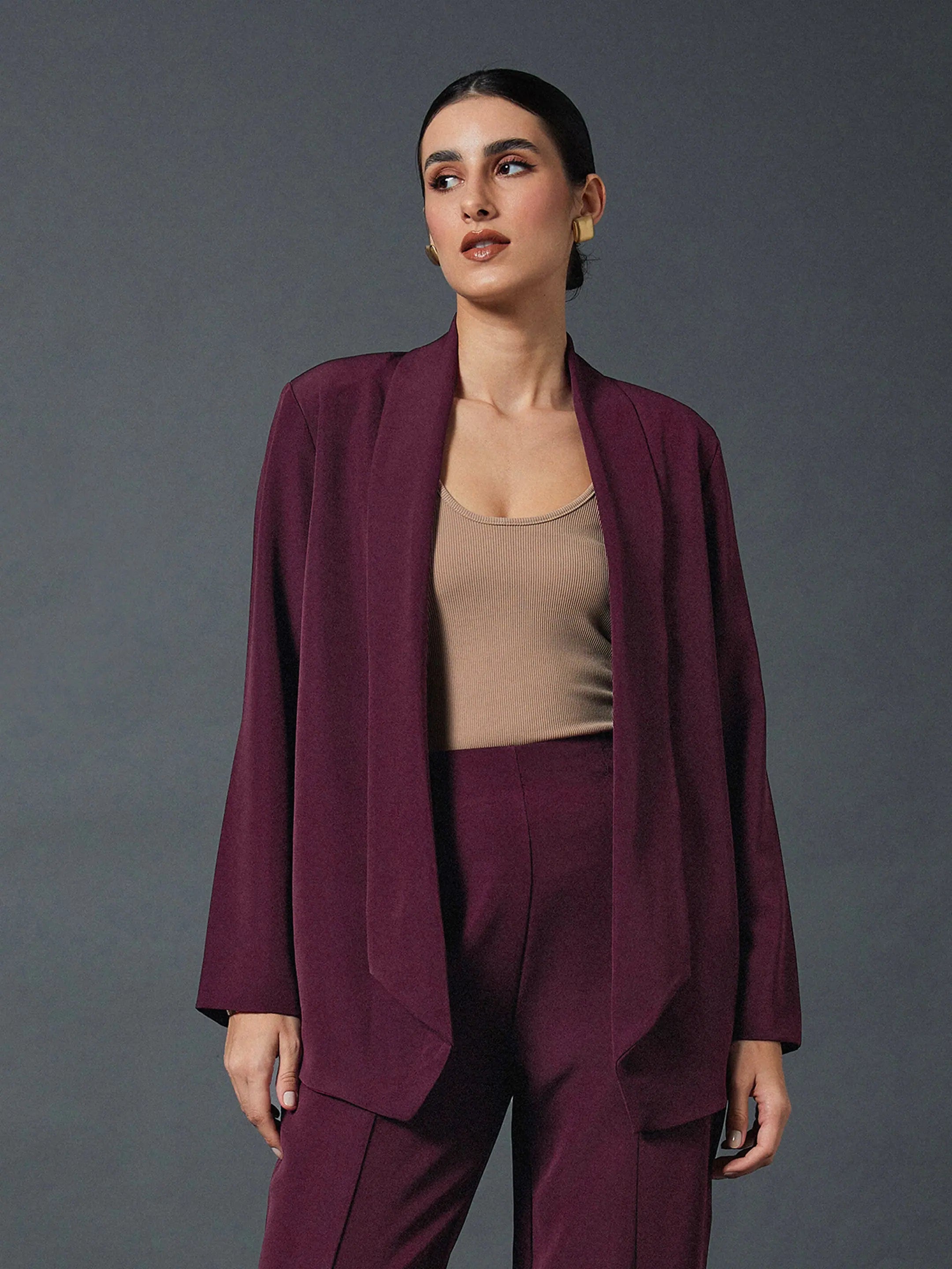 Women Maroon Shawl Collar Front Open Blazer Women's Elegant Jacket