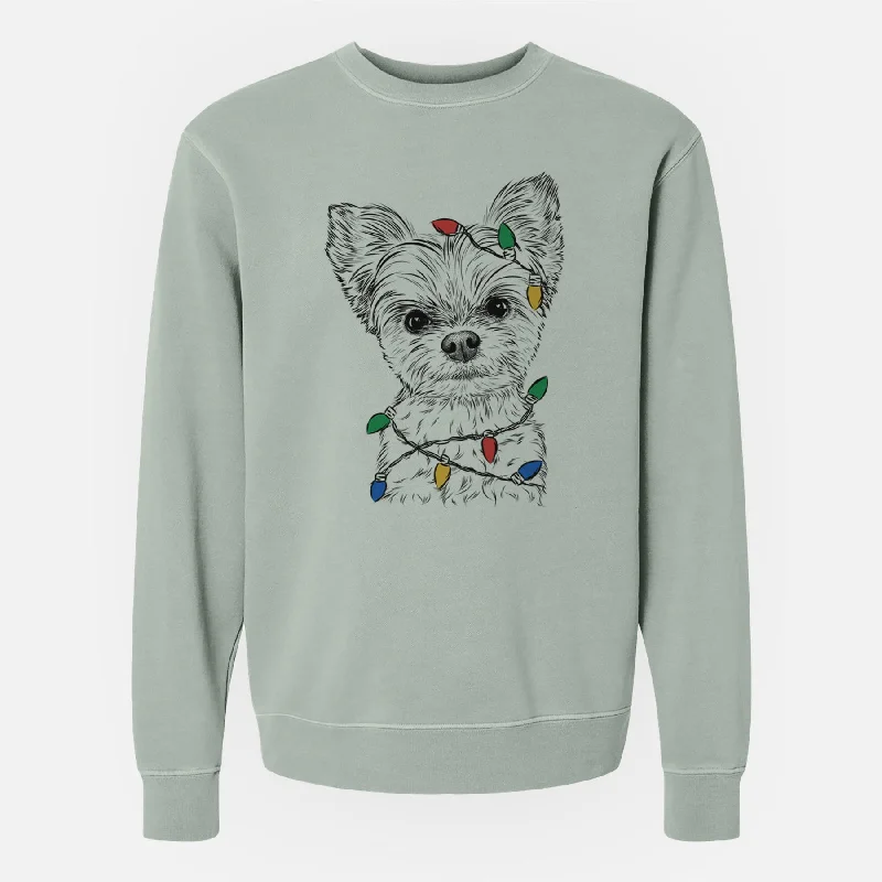 Christmas Lights Chance the Yapper the Yorkshire Terrier - Unisex Pigment Dyed Crew Sweatshirt Hoodie with Back Slit Movement Comfort Hoodie with Back Slit Movement Comfort