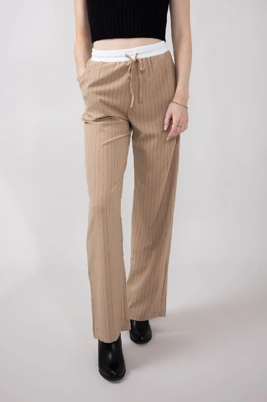 Love Tree Stripe Drawstring Trouser Pants for Women in Khaki | 6964PN-KHAKI Trousers stylish elegant Trousers stylish elegant