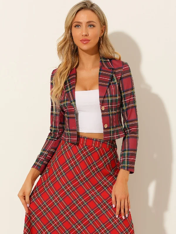 Notched Lapel Stretch Plaid Preppy Tartan Crop Blazer Women's Classic Blazer