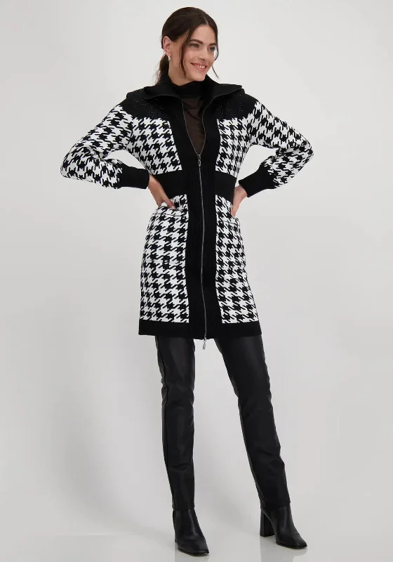 Monari Houndstooth Zipped Long Cardigan, Black & White Thin Thick Dense Thin Thick Dense