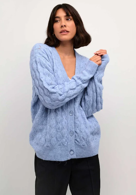 Kaffe Malene V Neck Cardigan, Vista Blue Melange Lace Blend Ribbed Blend Corduroy Blend Lace Blend Ribbed Blend Corduroy Blend