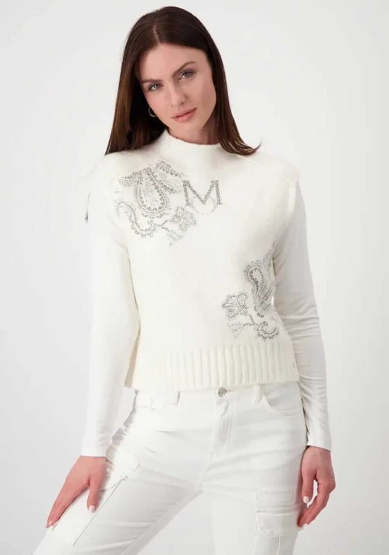 Monari Rhinestone Sleeveless Knit Top, White Comfortable Knit Tee