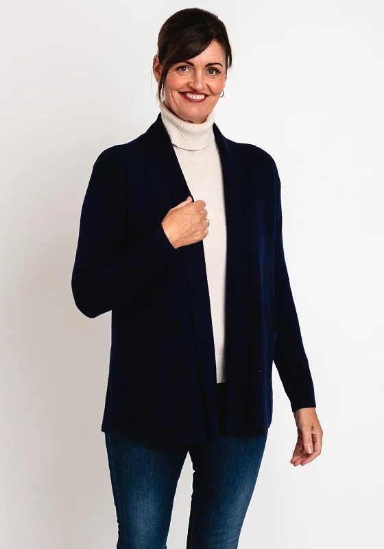 Natalia Collection One Size Fine Knit Midi Cardigan, Navy Satin Blend Silk Blend Wool Blend Satin Blend Silk Blend Wool Blend