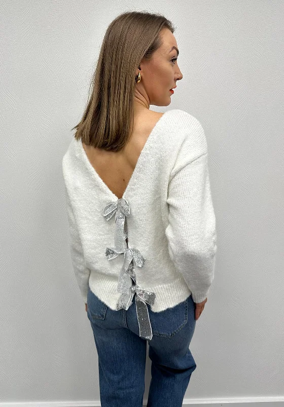 Serafina Collection One Size Sequin Bow Tie Cardigan, White Front Pockets Side Pockets Patch Pockets Front Pockets Side Pockets Patch Pockets