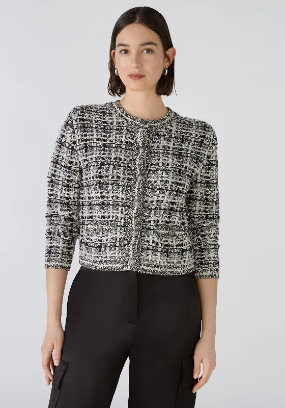 Oui Tweed Knit Short Cardigan, Black & Off White Zippered Buttoned Snapped Zippered Buttoned Snapped