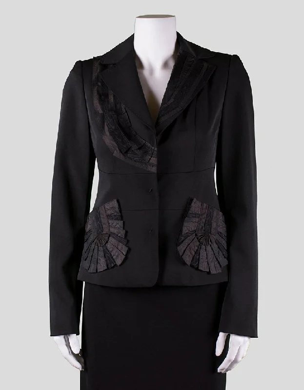 Elie Tahari Black Three Snap Closure Blazer With Ruffle Design At The Lapel Bust And Pocket Snap Closures Size 2 Plus Size Women's Coat