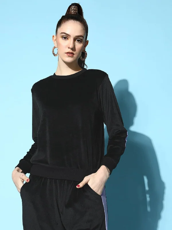 Women Black Velour Contrast Patch Sweatshirt Hoodie with Turtle Neck Cozy Winter Hoodie with Turtle Neck Cozy Winter Women Black Velour Contrast Patch Sweatshirt Hoodie with Turtle Neck Cozy Winter Hoodie with Turtle Neck Cozy Winter