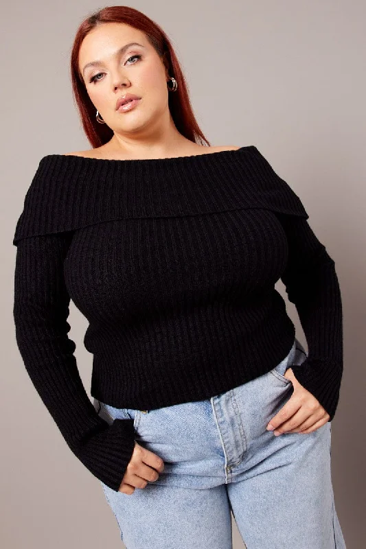 Black Off Shoulder Knit Top Long Sleeve Asymmetrical Knit Blouse