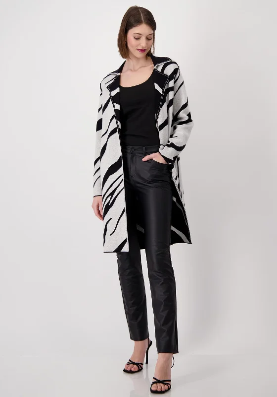 Monari Reversible Tiger Print Long Cardigan, Black & Silver Mesh Blend Leather Blend Suede Blend Mesh Blend Leather Blend Suede Blend