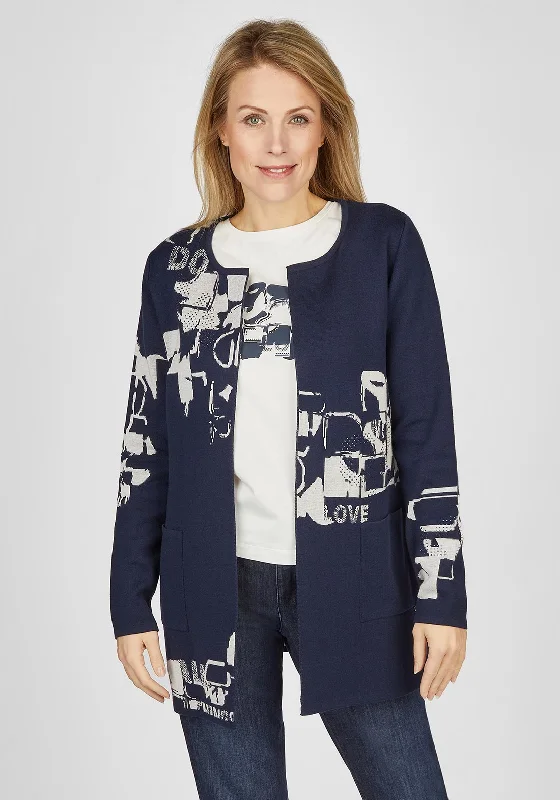 Rabe Open Mid Length Print Cardigan, Navy & Beige Notch Collar Peter Pan Collar Cowl Neck Notch Collar Peter Pan Collar Cowl Neck