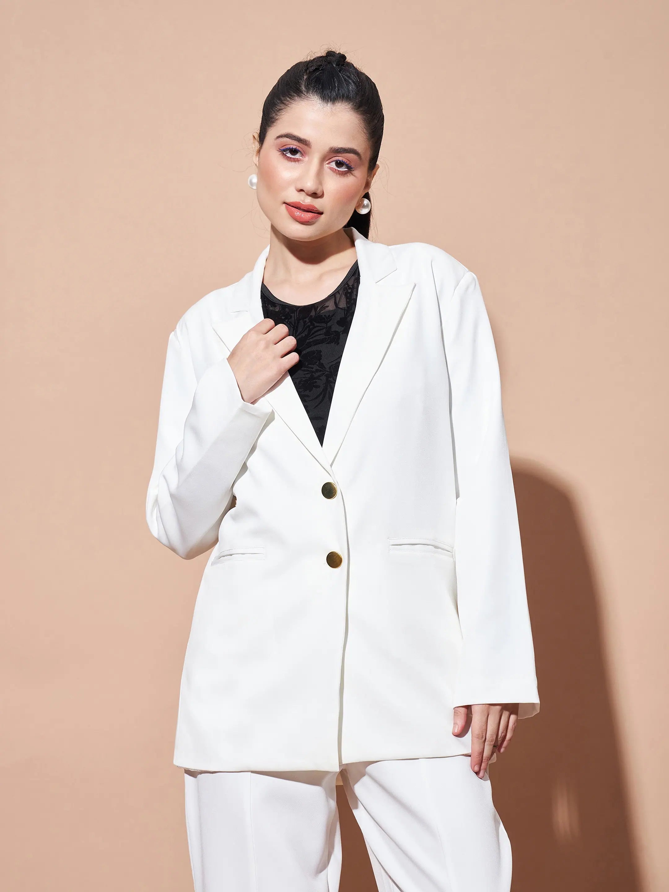 Women White Notch Collar Front Open Blazer Women's Patchwork Suit