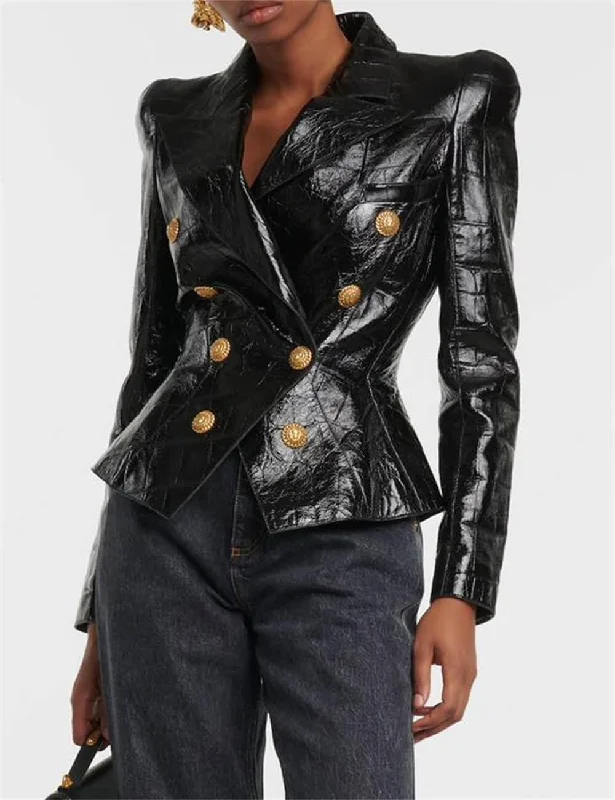 Ladies Double Breasted Long Sleeves Leather Blazer 12703 Women's Trendy Jacket