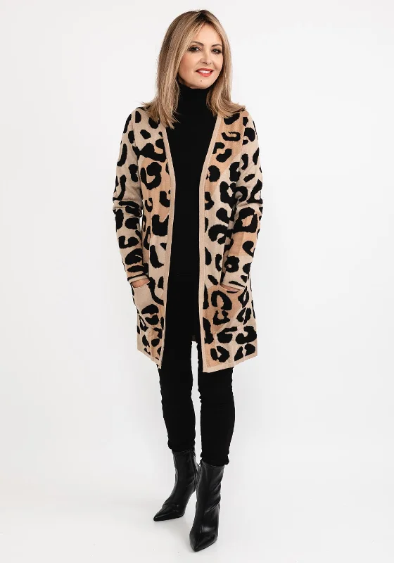 I’cona Animal Print Long Open Cardigan, Camel & Black Solid Print Embellished Solid Print Embellished