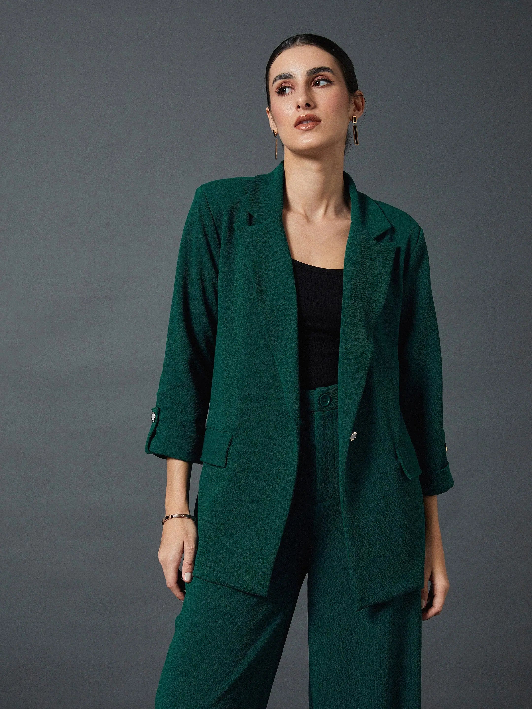 Women Emerald Green Front Button Blazer Women's Luxurious Suit