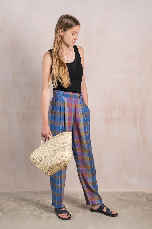 Blue Check Linen Trousers Trousers Denim Blue Trousers Denim Blue