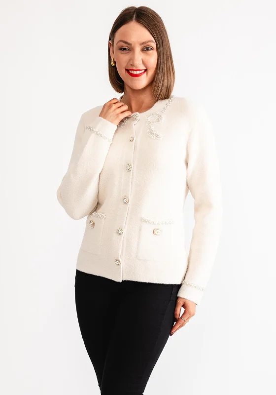 Leo and Ugo Pearl Embellished Bow Detail Cardigan, Cream Anti-Pilling Anti-Shrink Durable Anti-Pilling Anti-Shrink Durable