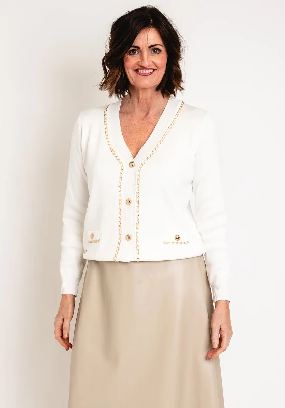 Natalia Collection One Size Gold Chain Trim Knit Cardigan, White Elasticated Padded Insulated Elasticated Padded Insulated