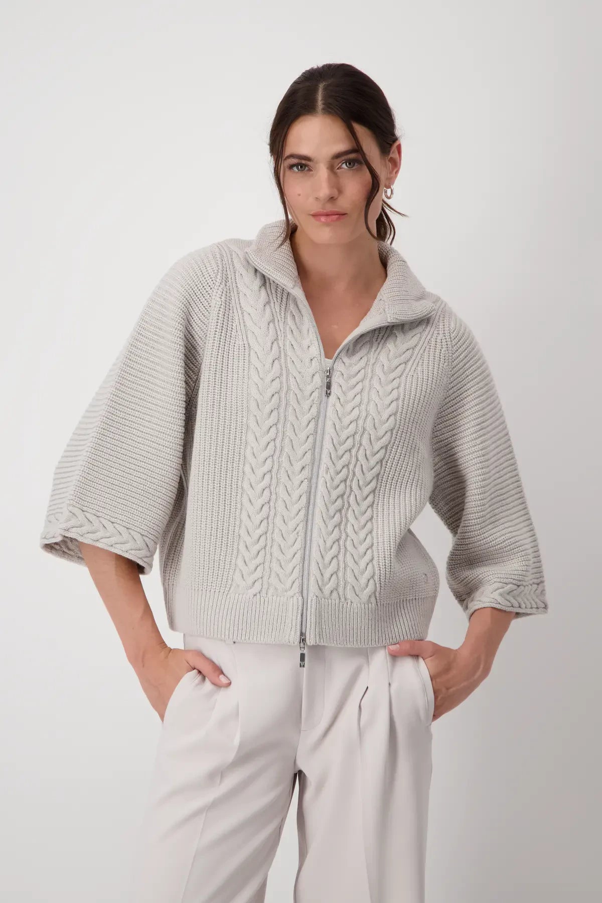 Monari Cable Knit Zip Through Cardigan, Light Grey Casual Formal Business Casual Formal Business