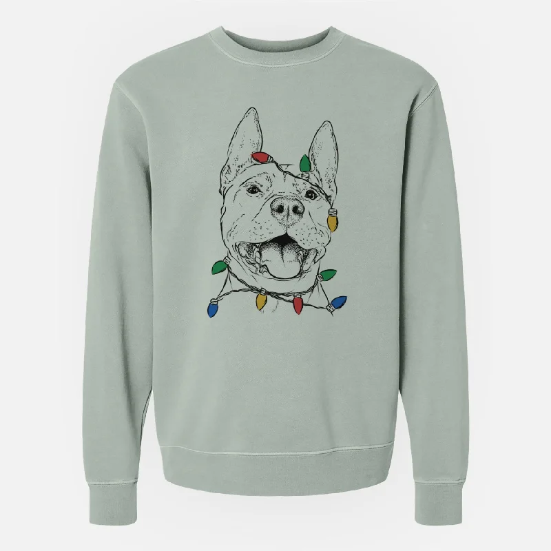 Christmas Lights Wally the Pitbull - Unisex Pigment Dyed Crew Sweatshirt Oversized Hoodie Comfort Casual Oversized Hoodie Comfort Casual