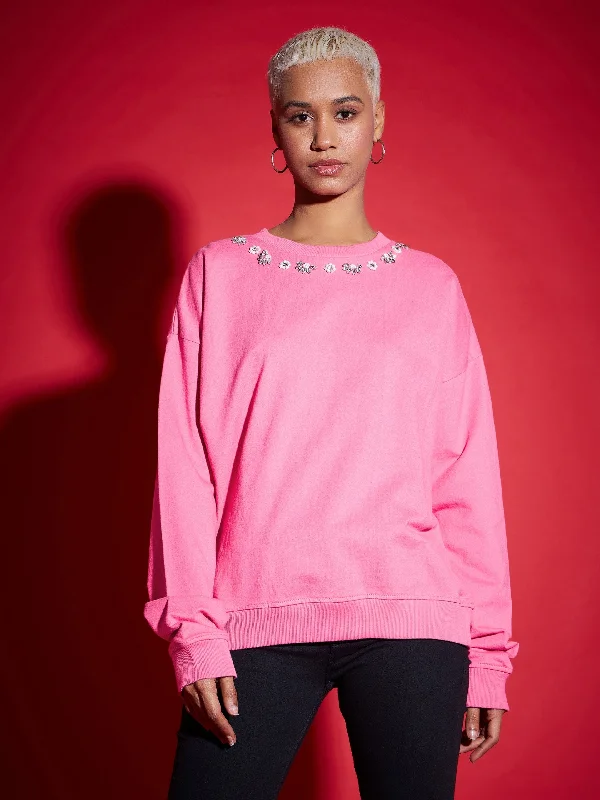 Women Pink Terry Stud Pearl Oversized Sweatshirt Hoodie with Rolled Sleeves Casual Relaxed Hoodie with Rolled Sleeves Casual Relaxed Women Pink Terry Stud Pearl Oversized Sweatshirt Hoodie with Rolled Sleeves Casual Relaxed Hoodie with Rolled Sleeves Casual Relaxed
