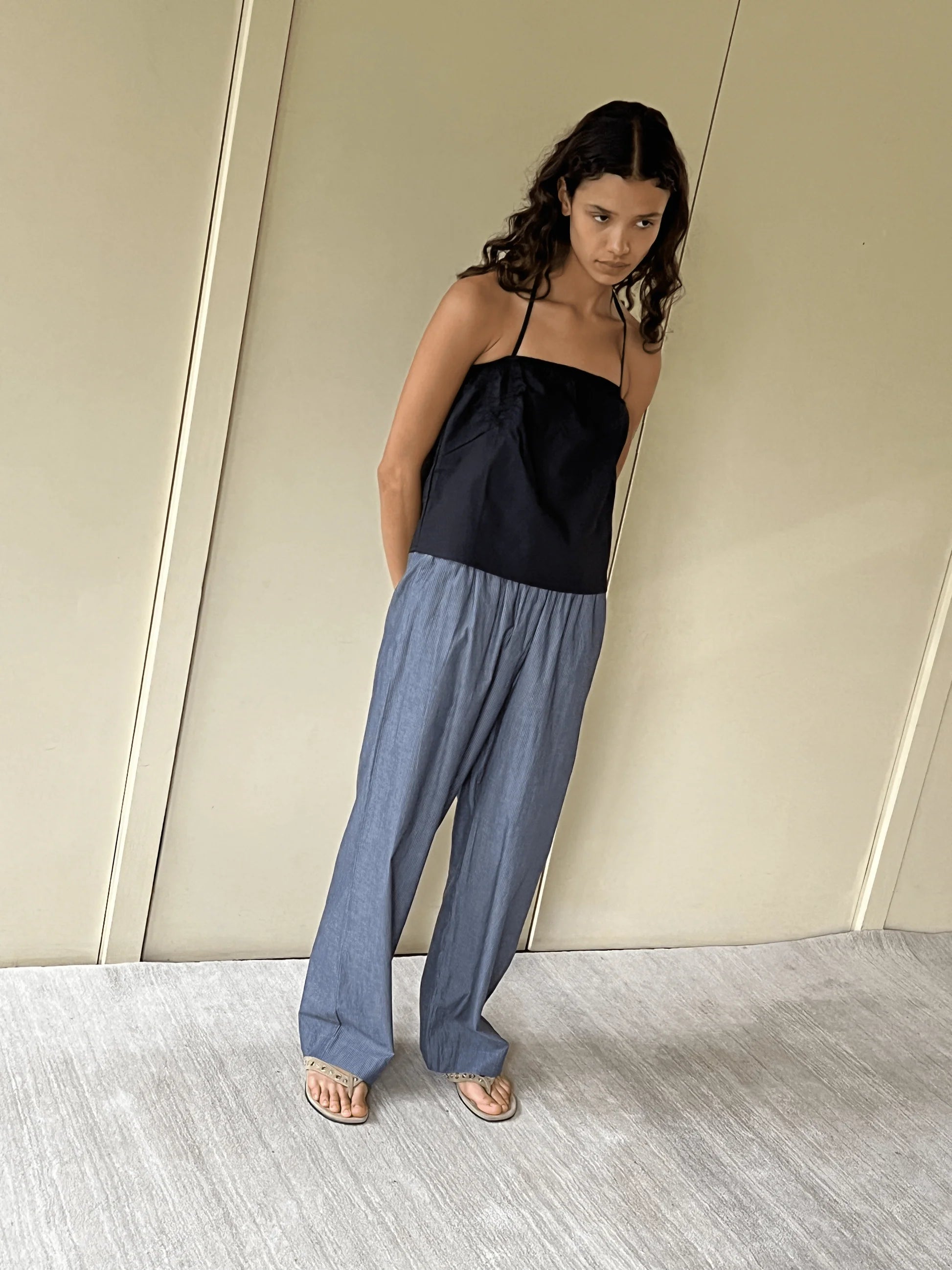 THE EASE TROUSER - BLUE PINSTRIPE Trousers Flared Retro Trousers Flared Retro