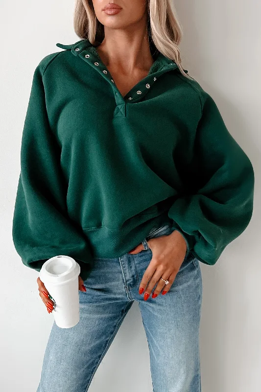 Turning The Page Snap-Button Pullover Sweatshirt (Hunter Green) Hoodie with Button Classic Timeless Hoodie with Button Classic Timeless