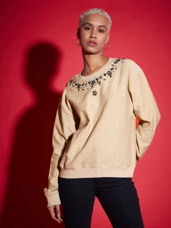 Women Beige Terry Neck Embroidered Reverse Terry Sweatshirt Hoodie with Ribbed Neckline Snug Warm Hoodie with Ribbed Neckline Snug Warm Women Beige Terry Neck Embroidered Reverse Terry Sweatshirt Hoodie with Ribbed Neckline Snug Warm Hoodie with Ribbed Neckline Snug Warm