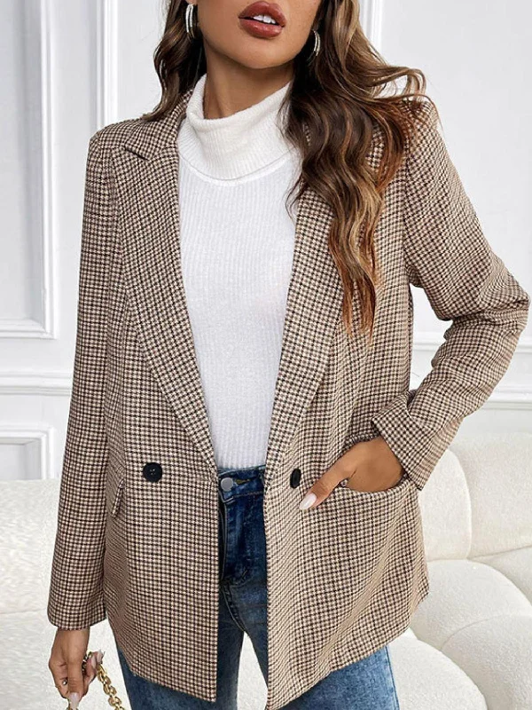 Perfee Plaid Lapel Collar Long Sleeve Blazer Women's Luxurious Jacket