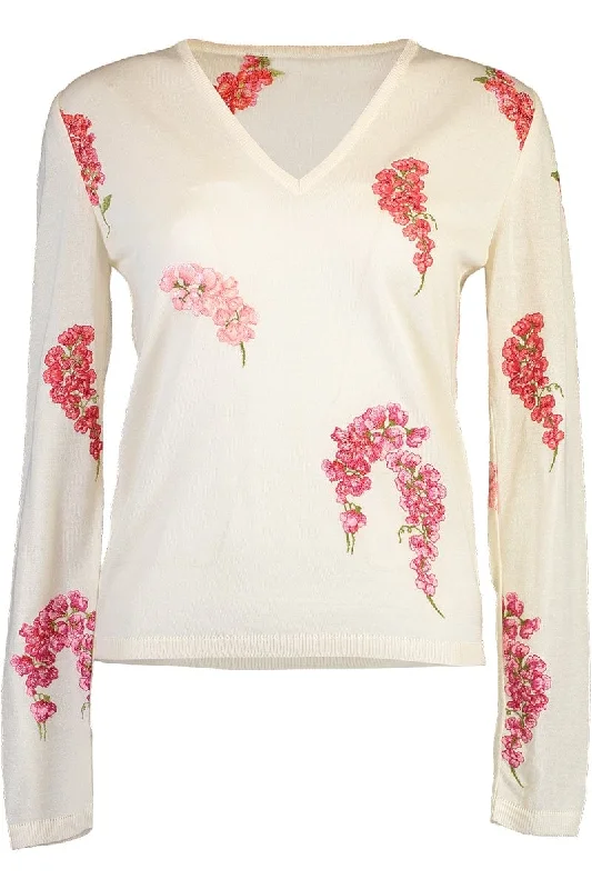 Long Sleeve Floral Knit Top Bright Color Knit Shirt