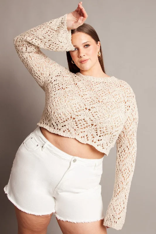 Beige Crochet Knit Top Long Sleeve Crew Neck One Shoulder Knit Shirt