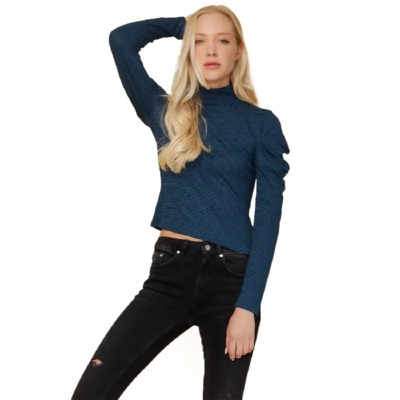 Turtle Neck Puff Sleeve Stripe Knit Top In Teal Summer Knit Top