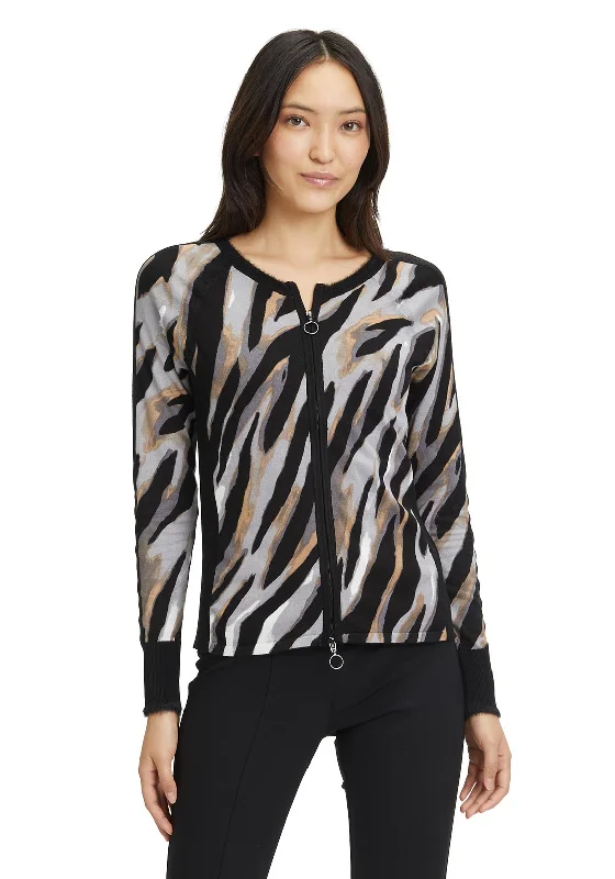 Betty Barclay Tiger Print Fine Zip Cardigan, Black Multi Sequined Glittery Shiny Sequined Glittery Shiny