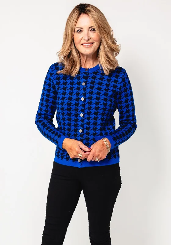 Castle Of Ireland Houndstooth Knit Cardigan, Blue Hooded Caped Shawl Collar Hooded Caped Shawl Collar