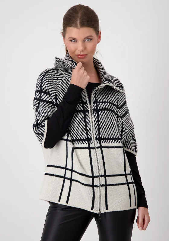 Monari Contrast Check Zip Cardigan, Black & Beige Terry Blend Velvet Blend Canvas Blend Terry Blend Velvet Blend Canvas Blend