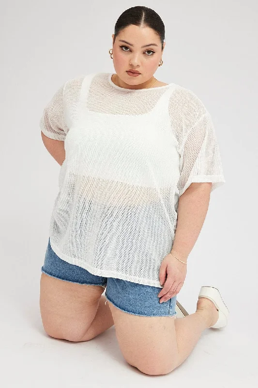 White Oversized Knit Top Short Sleeve Crew Neck Turtle Neck Knit Top