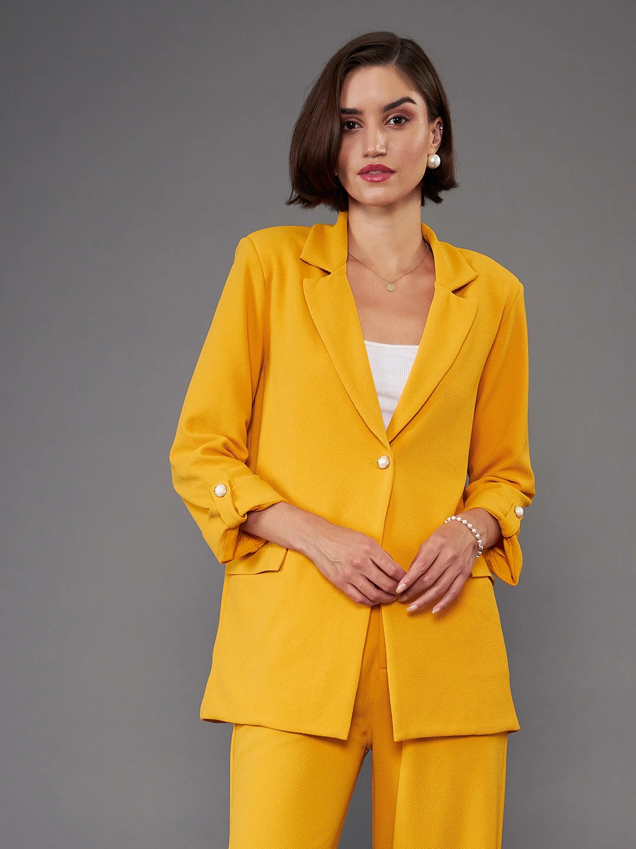 Women Mustard Front Button Blazer Women's High-End Blazer