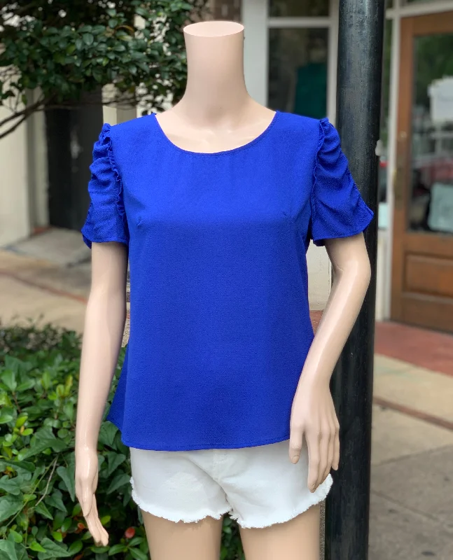 blue ruffle SS knit top Solid Color Knit Top