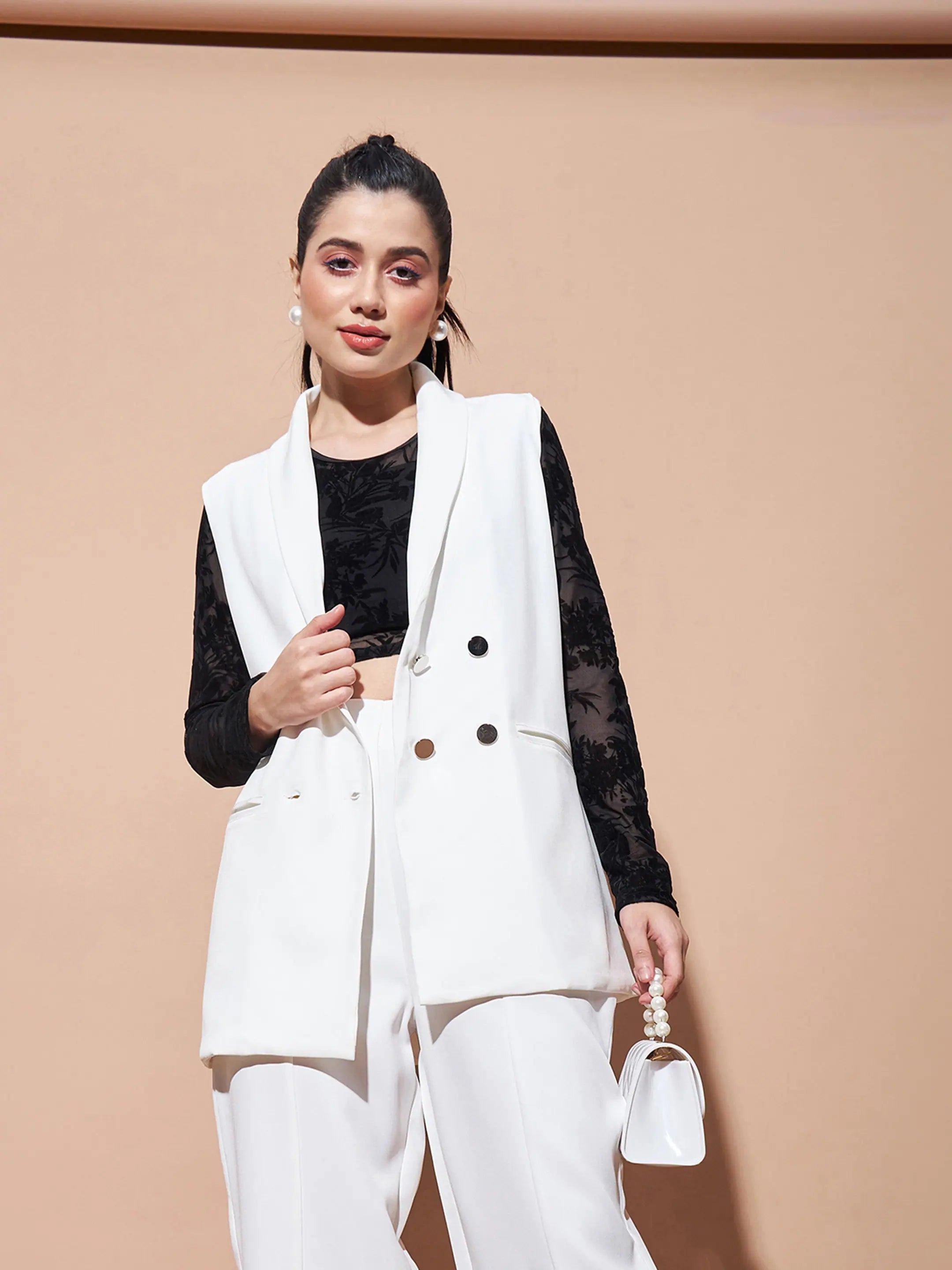 Women White Show Pocket Sleeveless Longline Blazer Women's Elegant Suit