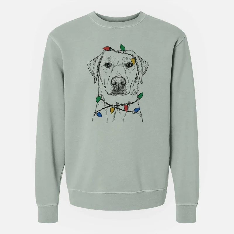 Christmas Lights Zoe the Yellow Lab - Unisex Pigment Dyed Crew Sweatshirt Hoodie with High-Low Hem Asymmetrical Trendy Hoodie with High-Low Hem Asymmetrical Trendy