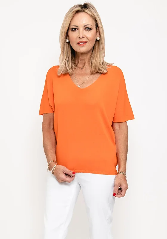 Seventy1 One Size V Neck Fine Knit Top, Orange Boutique Knit Tee