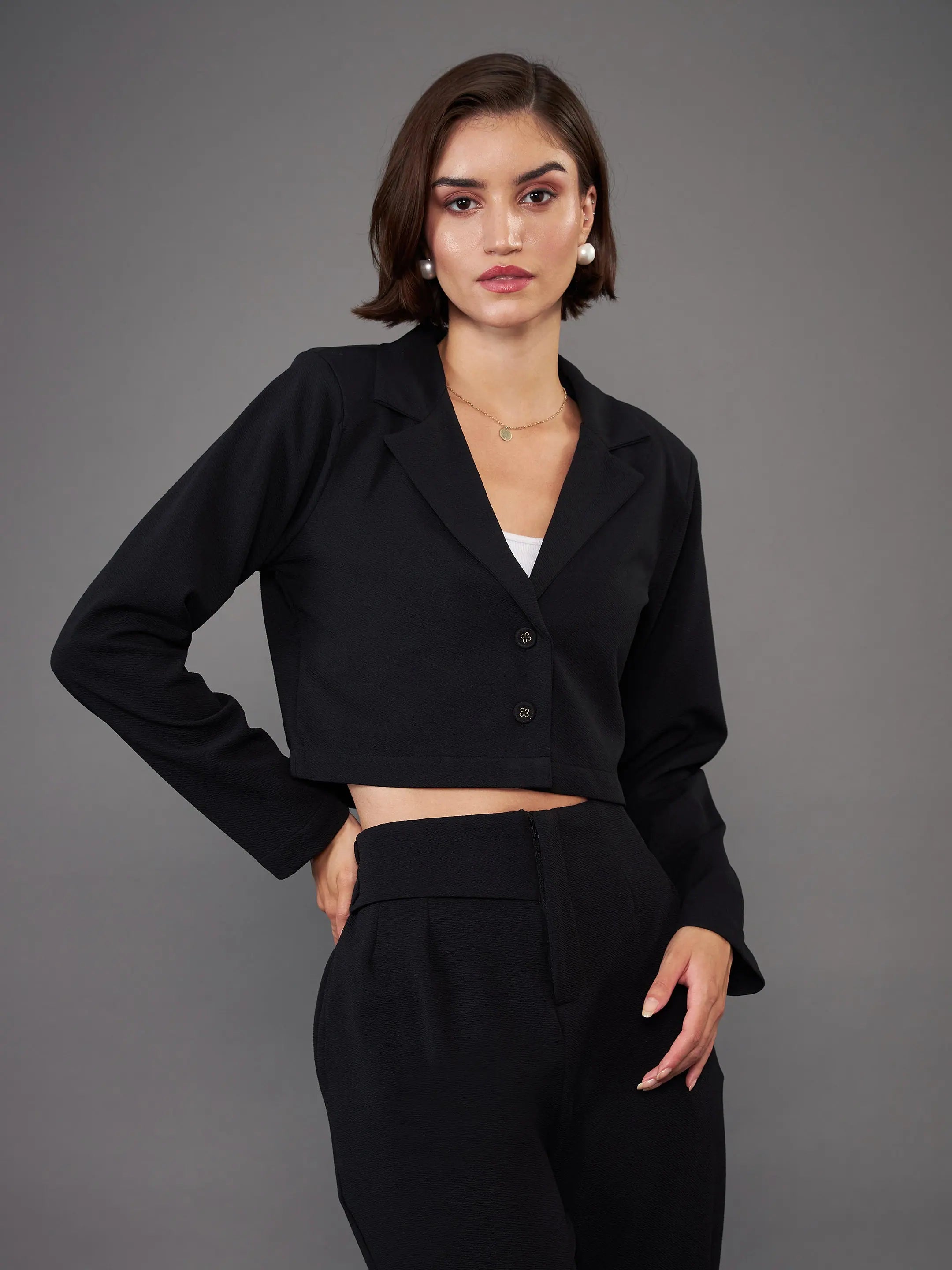 Women Black Notch Collar Crop Blazer Women's Casual Suit