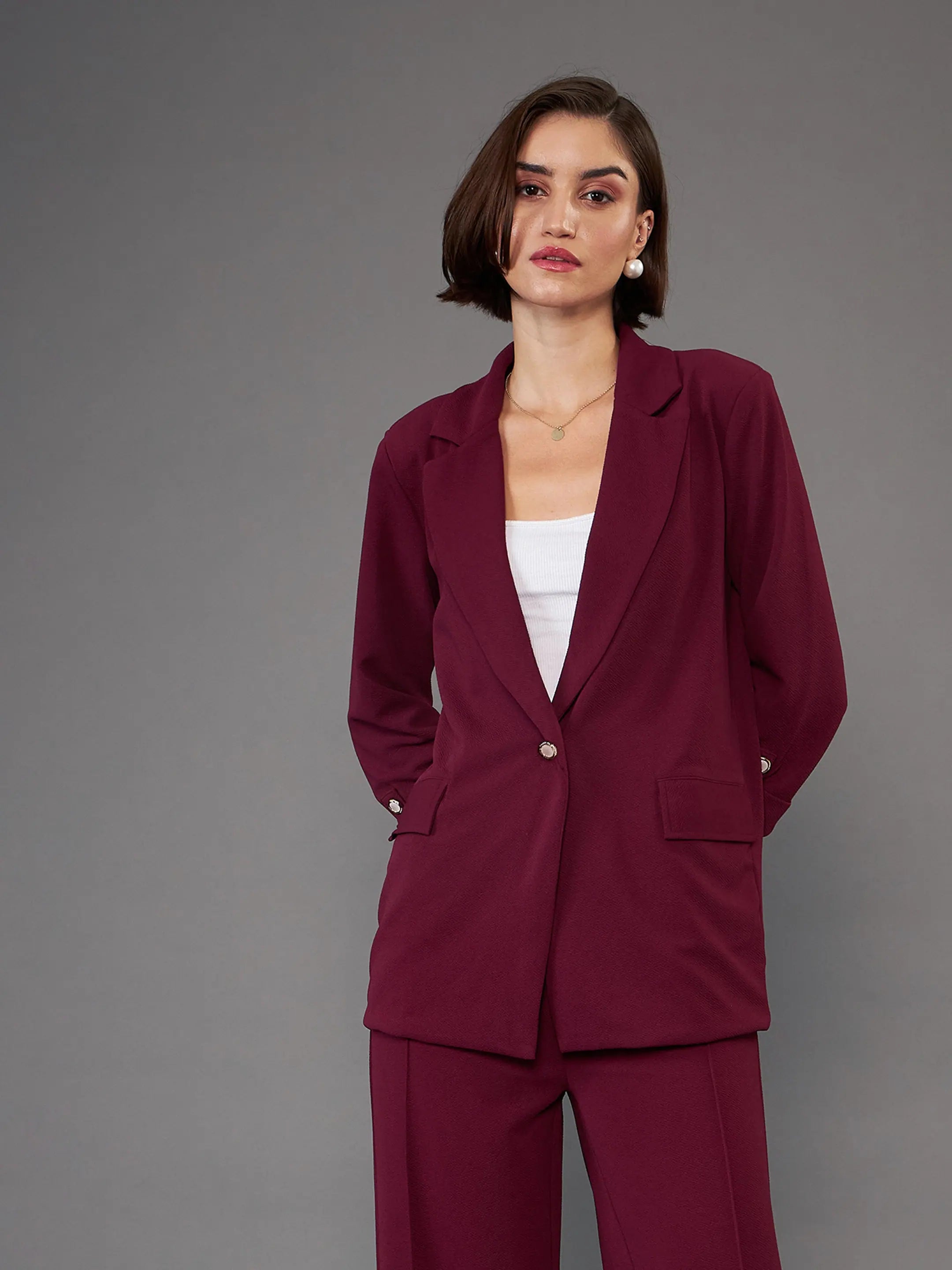 Women Burgundy Front Button Blazer Women's Vintage Jacket