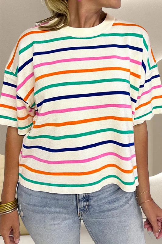 Striped Half Sleeve Knit Top Cotton Knit Shirt